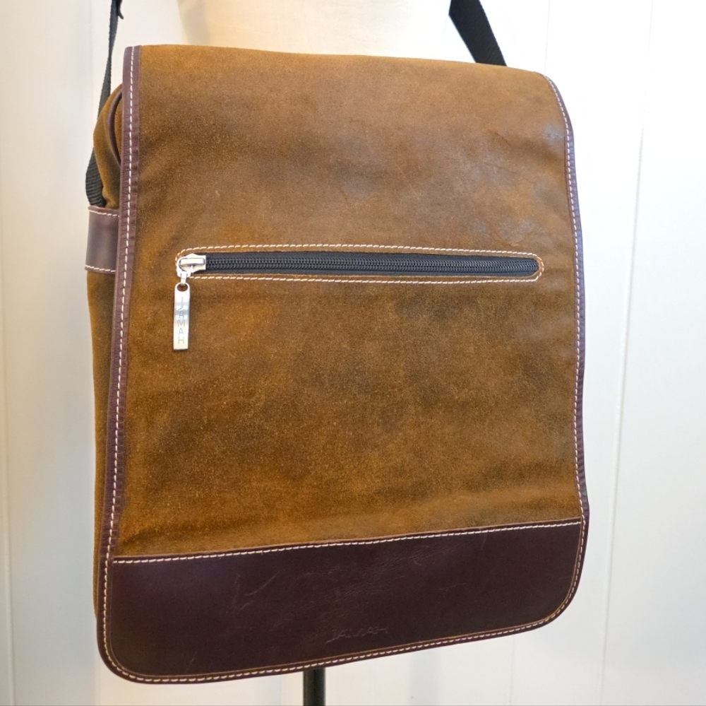 JAMAH Brown Suede + Leather Crossbody Messenger Bag Adjustable Strap